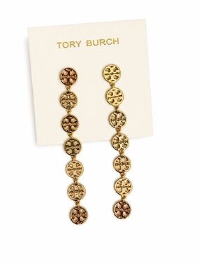 Tory Burch Miller Gold Tone Long Linear Double T Logo Drop Earrings Medallions